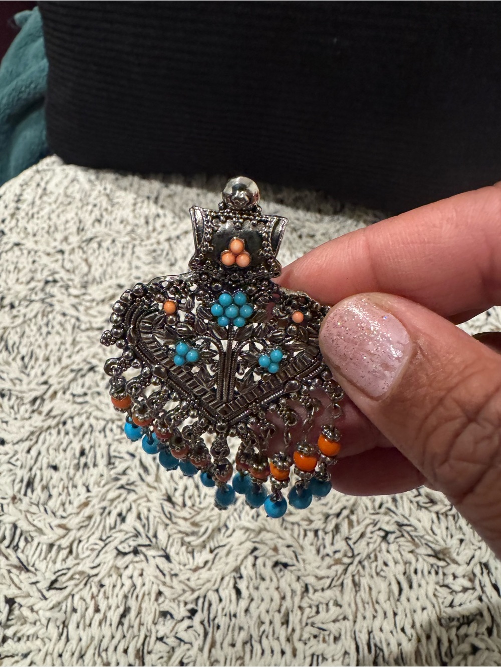Bohemian Turquoise & Orange Beaded Silver-Tone Statement pendant set